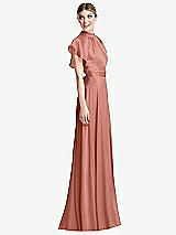 Side View Thumbnail - Desert Rose Shirred Stand Collar Flutter Sleeve Open-Back Maxi Dress with Sash