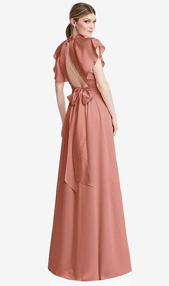 Back View - Desert Rose Shirred Stand Collar Flutter Sleeve Open-Back Maxi Dress with Sash