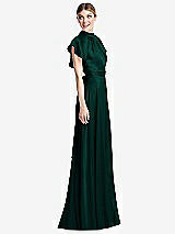Side View Thumbnail - Evergreen Shirred Stand Collar Flutter Sleeve Open-Back Maxi Dress with Sash