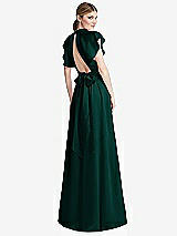 Rear View Thumbnail - Evergreen Shirred Stand Collar Flutter Sleeve Open-Back Maxi Dress with Sash