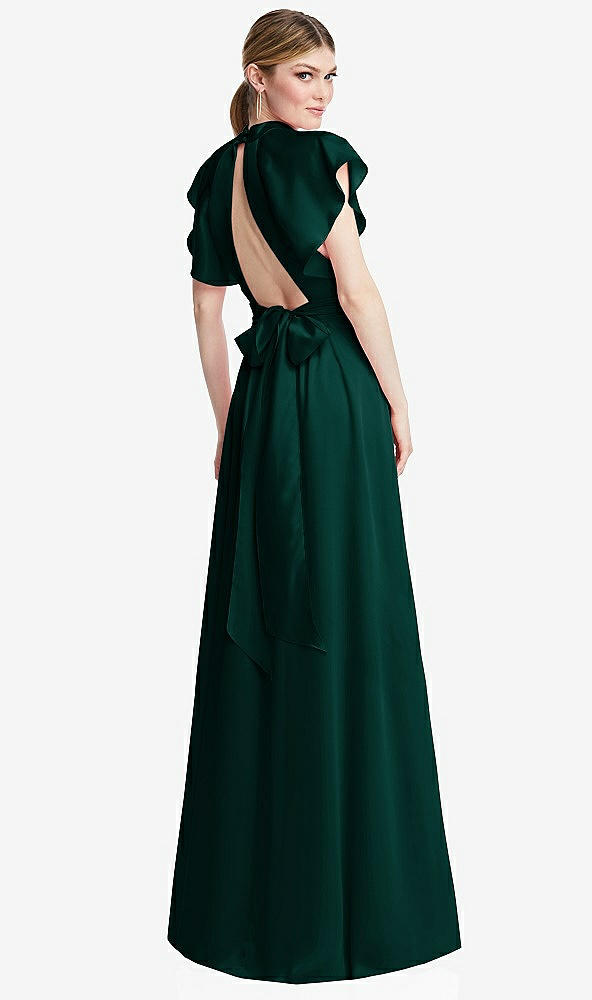 Back View - Evergreen Shirred Stand Collar Flutter Sleeve Open-Back Maxi Dress with Sash