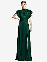 Front View Thumbnail - Hunter Green Shirred Stand Collar Flutter Sleeve Open-Back Maxi Dress with Sash