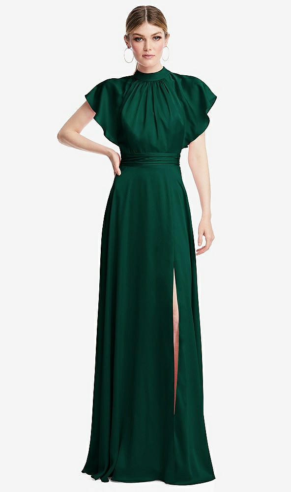 Front View - Hunter Green Shirred Stand Collar Flutter Sleeve Open-Back Maxi Dress with Sash