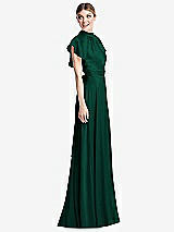 Side View Thumbnail - Hunter Green Shirred Stand Collar Flutter Sleeve Open-Back Maxi Dress with Sash