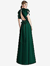Rear View Thumbnail - Hunter Green Shirred Stand Collar Flutter Sleeve Open-Back Maxi Dress with Sash