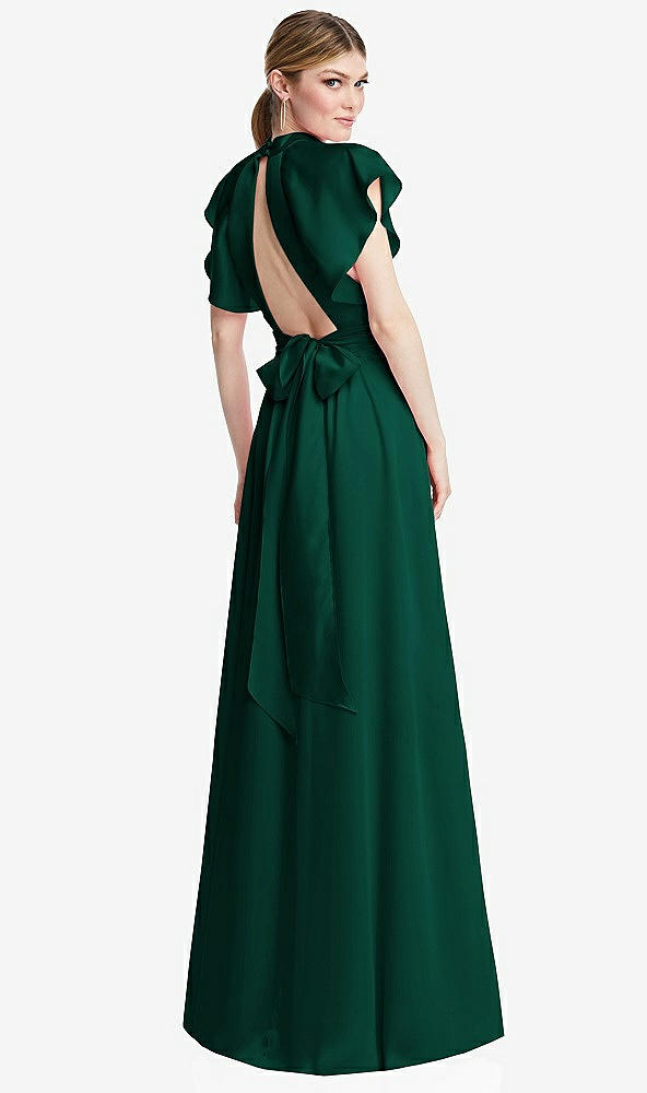 Back View - Hunter Green Shirred Stand Collar Flutter Sleeve Open-Back Maxi Dress with Sash