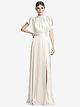 Front View Thumbnail - Ivory Shirred Stand Collar Flutter Sleeve Open-Back Maxi Dress with Sash