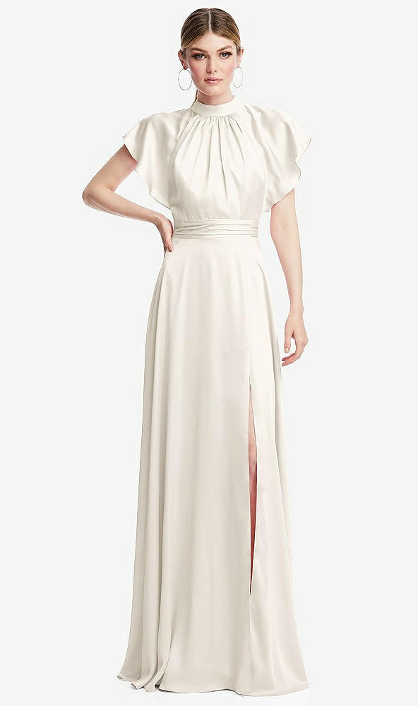 Front View - Ivory Shirred Stand Collar Flutter Sleeve Open-Back Maxi Dress with Sash