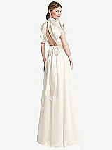 Rear View Thumbnail - Ivory Shirred Stand Collar Flutter Sleeve Open-Back Maxi Dress with Sash