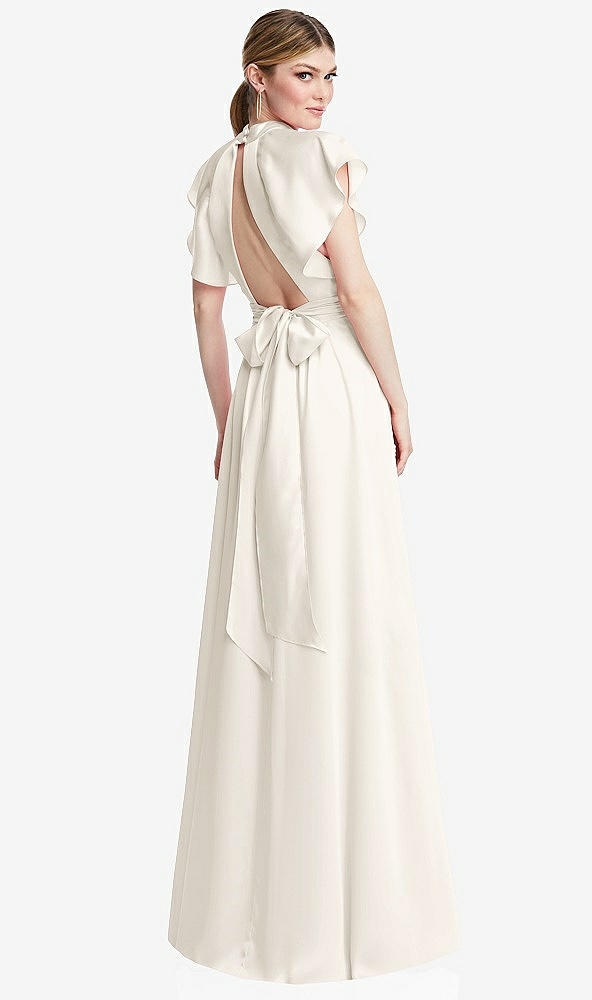 Back View - Ivory Shirred Stand Collar Flutter Sleeve Open-Back Maxi Dress with Sash