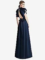 Rear View Thumbnail - Midnight Navy Shirred Stand Collar Flutter Sleeve Open-Back Maxi Dress with Sash