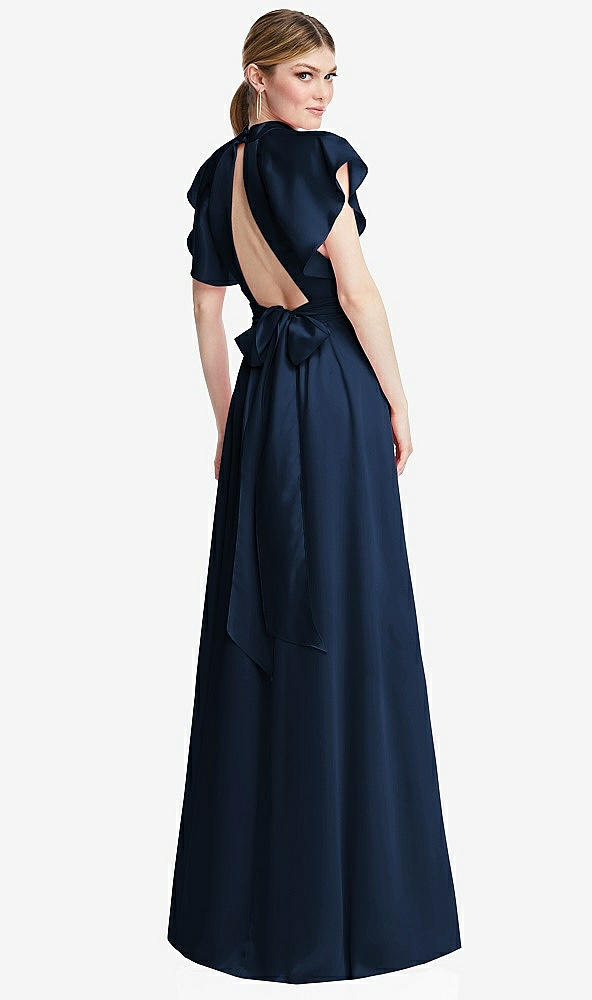 Back View - Midnight Navy Shirred Stand Collar Flutter Sleeve Open-Back Maxi Dress with Sash