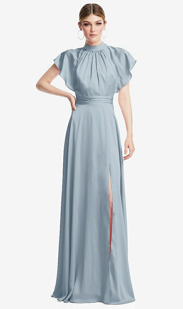 Front View - Mist Shirred Stand Collar Flutter Sleeve Open-Back Maxi Dress with Sash