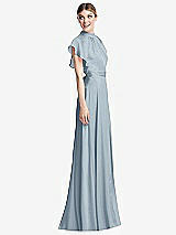 Side View Thumbnail - Mist Shirred Stand Collar Flutter Sleeve Open-Back Maxi Dress with Sash