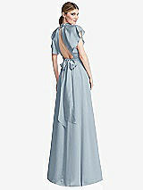 Rear View Thumbnail - Mist Shirred Stand Collar Flutter Sleeve Open-Back Maxi Dress with Sash