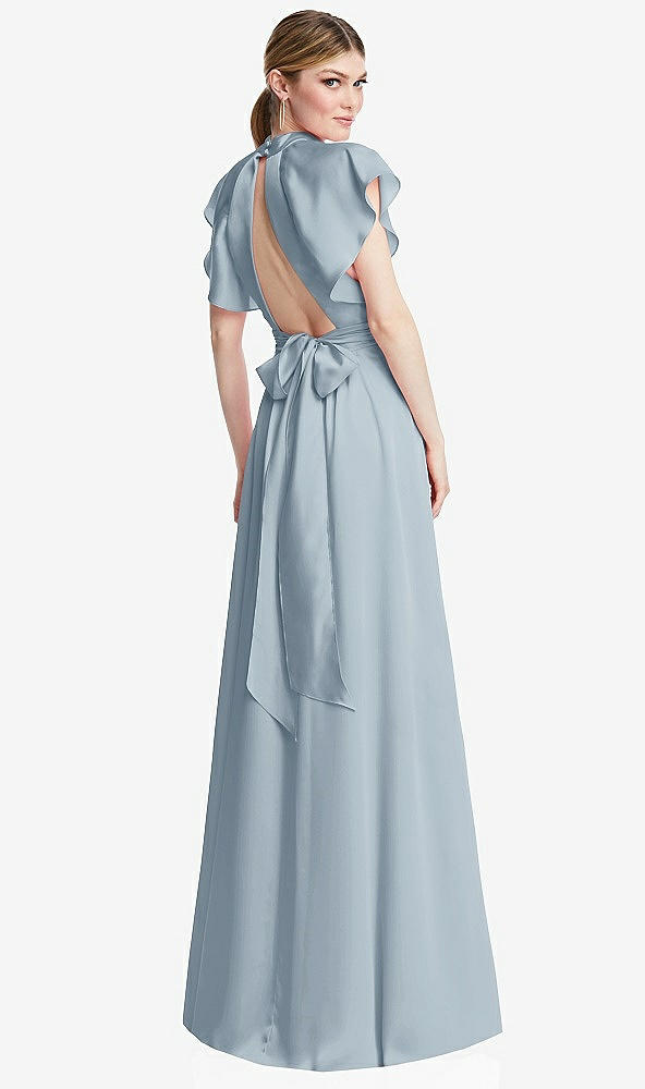 Back View - Mist Shirred Stand Collar Flutter Sleeve Open-Back Maxi Dress with Sash