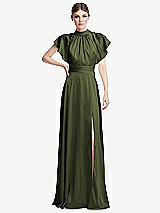 Front View Thumbnail - Olive Green Shirred Stand Collar Flutter Sleeve Open-Back Maxi Dress with Sash