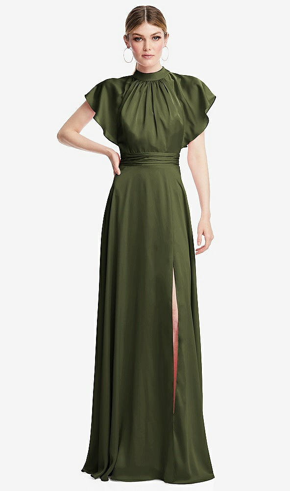 Front View - Olive Green Shirred Stand Collar Flutter Sleeve Open-Back Maxi Dress with Sash