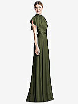Side View Thumbnail - Olive Green Shirred Stand Collar Flutter Sleeve Open-Back Maxi Dress with Sash