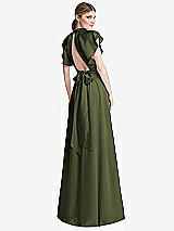 Rear View Thumbnail - Olive Green Shirred Stand Collar Flutter Sleeve Open-Back Maxi Dress with Sash