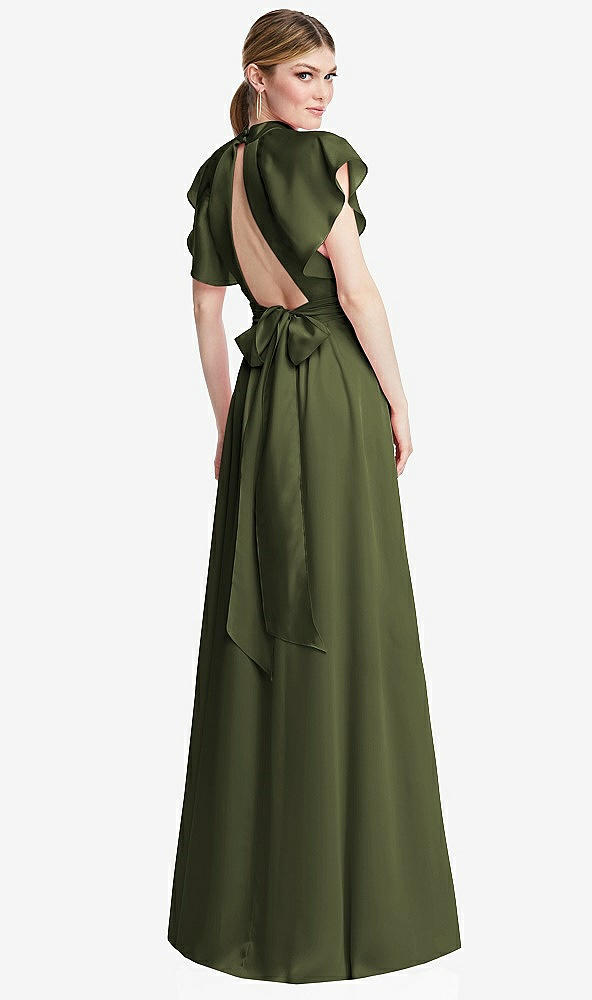 Back View - Olive Green Shirred Stand Collar Flutter Sleeve Open-Back Maxi Dress with Sash