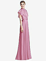 Side View Thumbnail - Powder Pink Shirred Stand Collar Flutter Sleeve Open-Back Maxi Dress with Sash