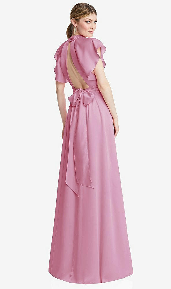 Back View - Powder Pink Shirred Stand Collar Flutter Sleeve Open-Back Maxi Dress with Sash