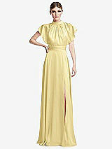 Front View Thumbnail - Pale Yellow Shirred Stand Collar Flutter Sleeve Open-Back Maxi Dress with Sash