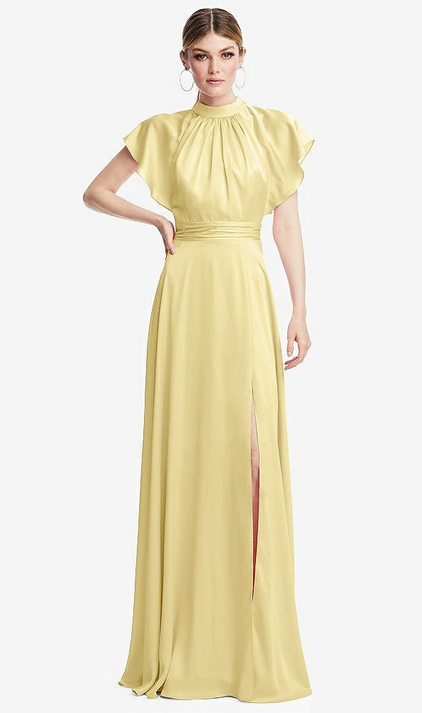 Front View - Pale Yellow Shirred Stand Collar Flutter Sleeve Open-Back Maxi Dress with Sash