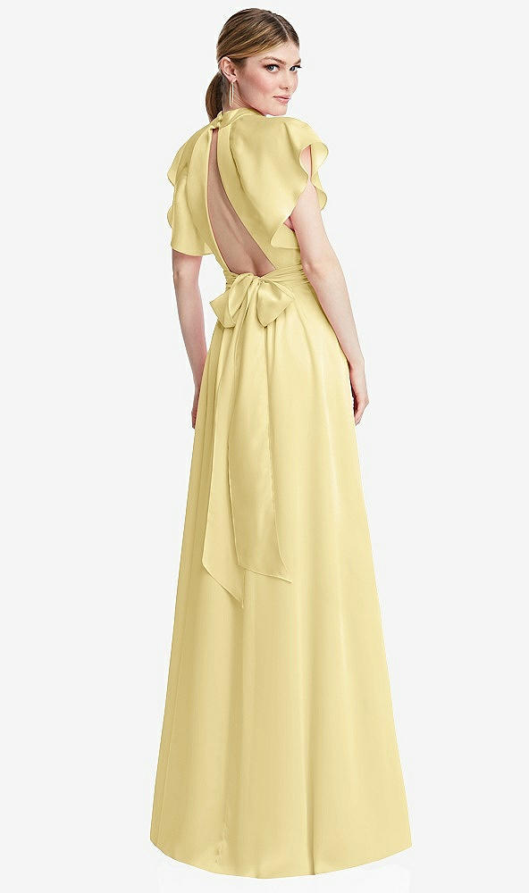 Back View - Pale Yellow Shirred Stand Collar Flutter Sleeve Open-Back Maxi Dress with Sash