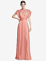 Front View Thumbnail - Rose - PANTONE Rose Quartz Shirred Stand Collar Flutter Sleeve Open-Back Maxi Dress with Sash
