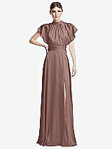 Front View Thumbnail - Sienna Shirred Stand Collar Flutter Sleeve Open-Back Maxi Dress with Sash