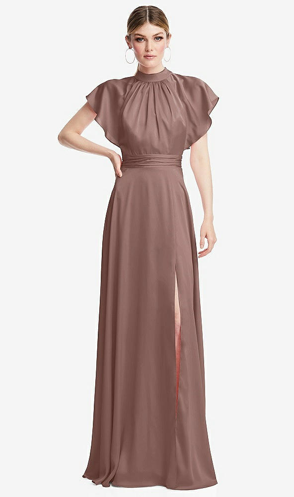 Front View - Sienna Shirred Stand Collar Flutter Sleeve Open-Back Maxi Dress with Sash