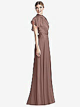 Side View Thumbnail - Sienna Shirred Stand Collar Flutter Sleeve Open-Back Maxi Dress with Sash