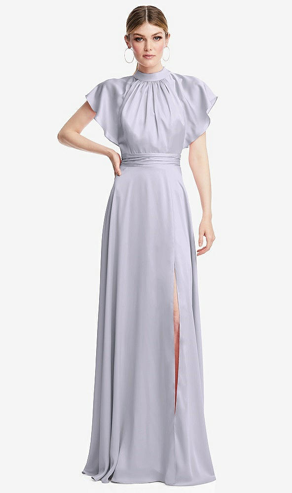Front View - Silver Dove Shirred Stand Collar Flutter Sleeve Open-Back Maxi Dress with Sash