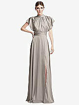 Front View Thumbnail - Taupe Shirred Stand Collar Flutter Sleeve Open-Back Maxi Dress with Sash