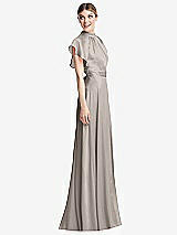 Side View Thumbnail - Taupe Shirred Stand Collar Flutter Sleeve Open-Back Maxi Dress with Sash