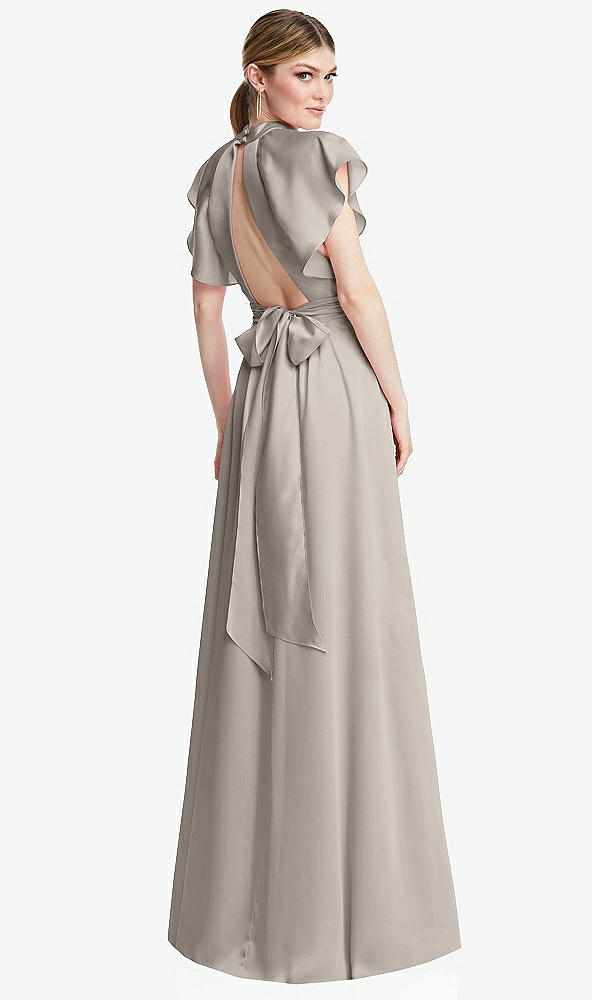 Back View - Taupe Shirred Stand Collar Flutter Sleeve Open-Back Maxi Dress with Sash