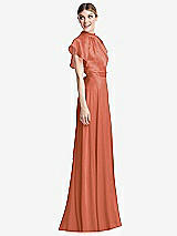 Side View Thumbnail - Terracotta Copper Shirred Stand Collar Flutter Sleeve Open-Back Maxi Dress with Sash