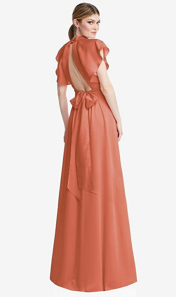 Back View - Terracotta Copper Shirred Stand Collar Flutter Sleeve Open-Back Maxi Dress with Sash