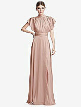Front View Thumbnail - Toasted Sugar Shirred Stand Collar Flutter Sleeve Open-Back Maxi Dress with Sash