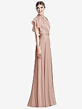 Side View Thumbnail - Toasted Sugar Shirred Stand Collar Flutter Sleeve Open-Back Maxi Dress with Sash