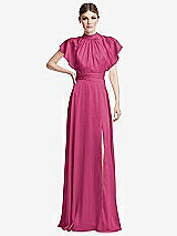 Front View Thumbnail - Tea Rose Shirred Stand Collar Flutter Sleeve Open-Back Maxi Dress with Sash