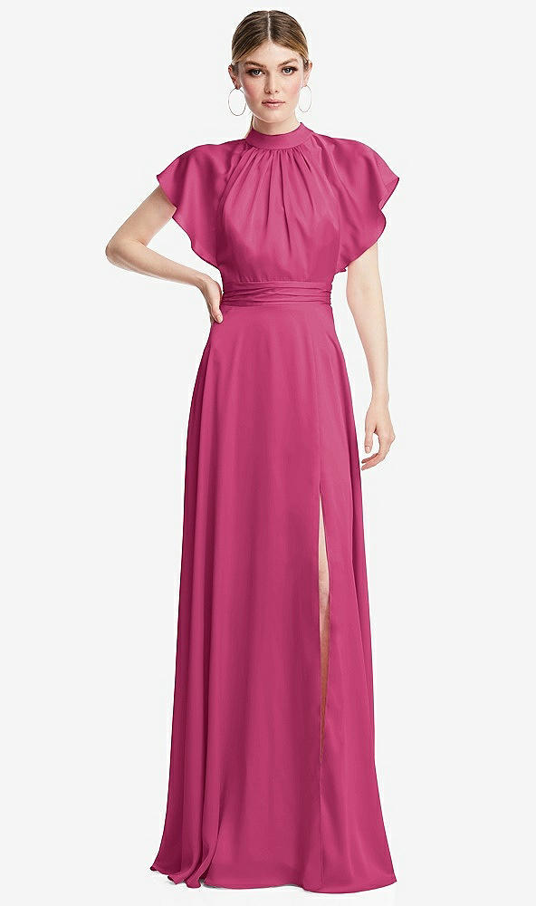 Front View - Tea Rose Shirred Stand Collar Flutter Sleeve Open-Back Maxi Dress with Sash