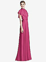Side View Thumbnail - Tea Rose Shirred Stand Collar Flutter Sleeve Open-Back Maxi Dress with Sash