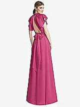 Rear View Thumbnail - Tea Rose Shirred Stand Collar Flutter Sleeve Open-Back Maxi Dress with Sash
