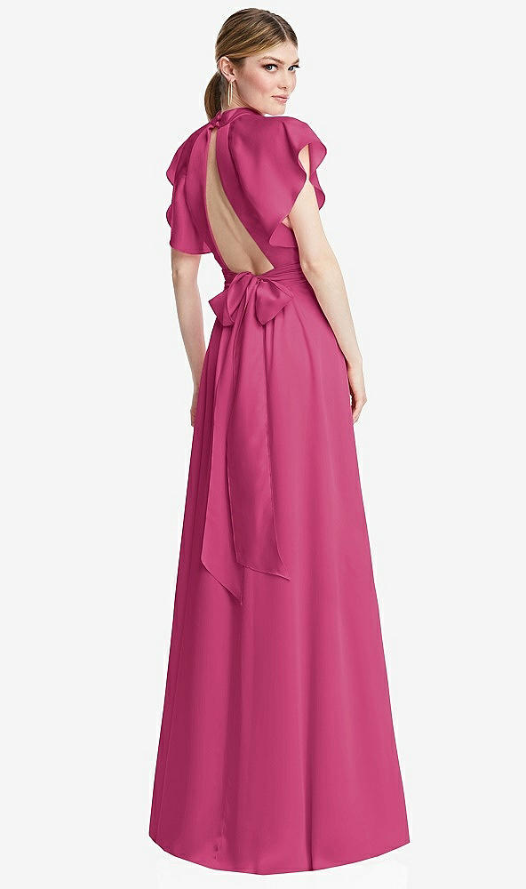 Back View - Tea Rose Shirred Stand Collar Flutter Sleeve Open-Back Maxi Dress with Sash