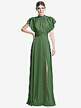 Front View Thumbnail - Vineyard Green Shirred Stand Collar Flutter Sleeve Open-Back Maxi Dress with Sash