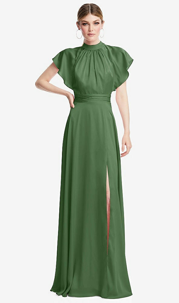 Front View - Vineyard Green Shirred Stand Collar Flutter Sleeve Open-Back Maxi Dress with Sash