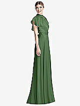 Side View Thumbnail - Vineyard Green Shirred Stand Collar Flutter Sleeve Open-Back Maxi Dress with Sash